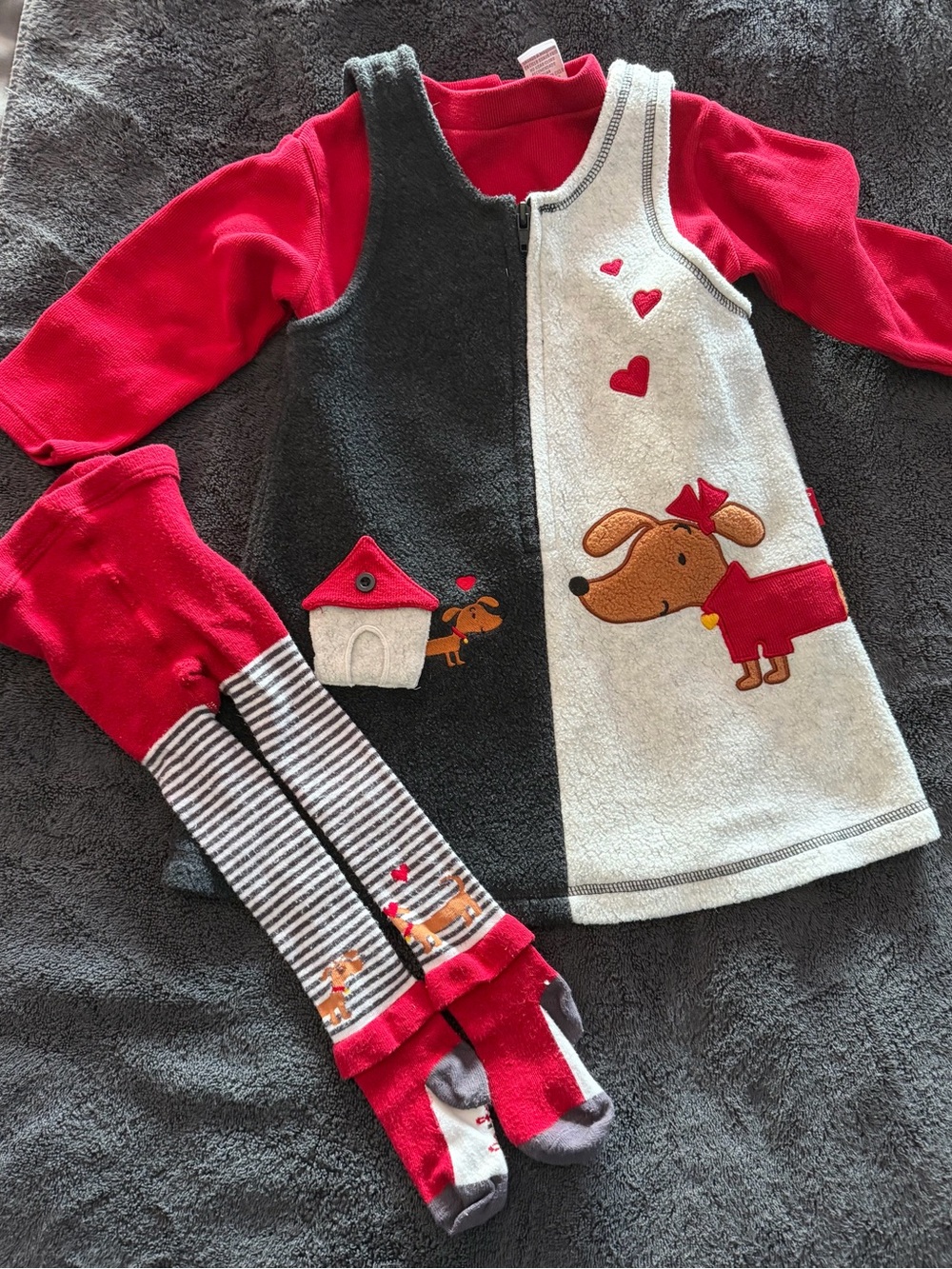 Red & Gray Puppy Appliqué Toddler Dress with Matching Tights